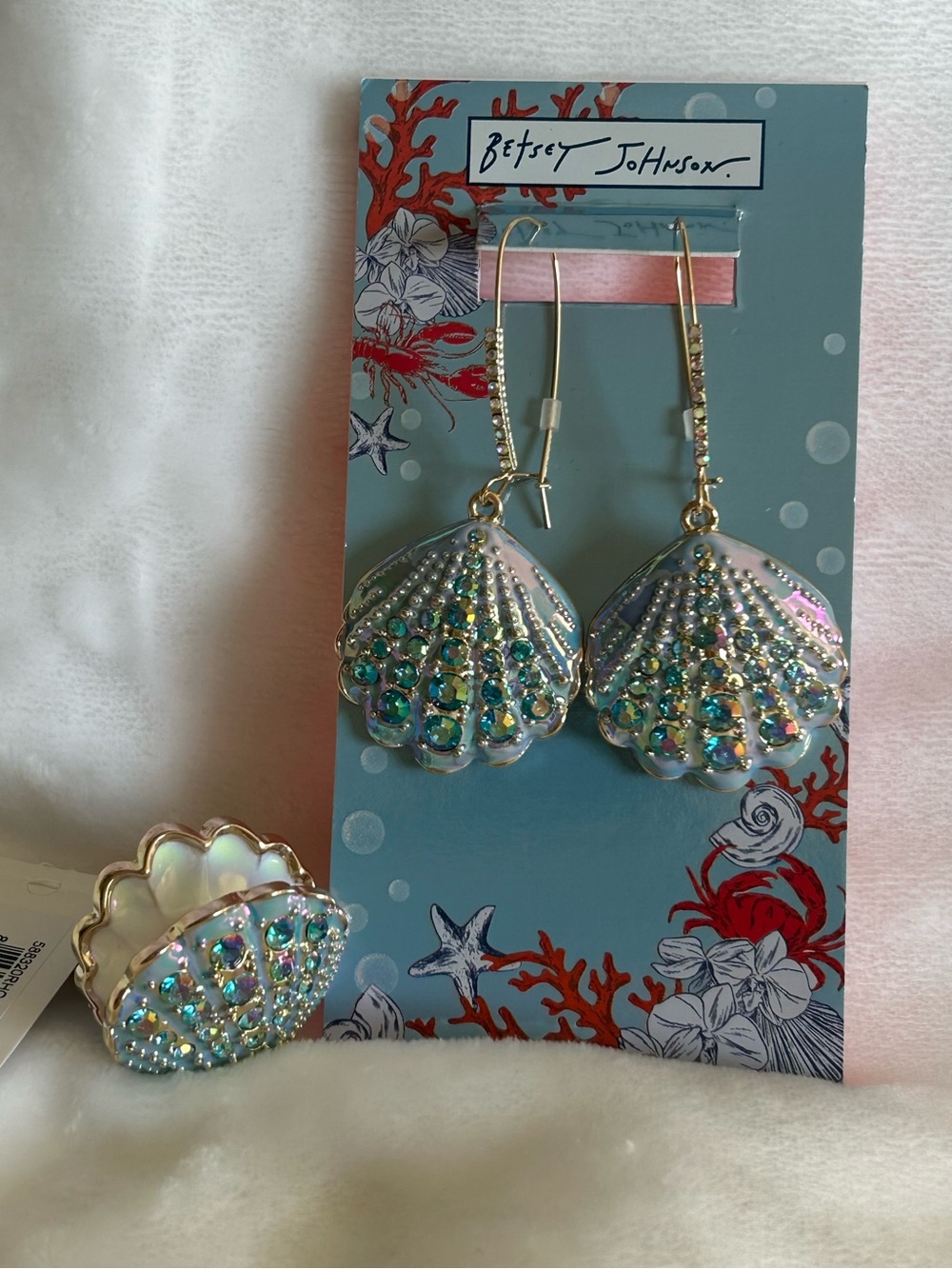 Betsey Johnson Sea Shell Earrings & Cocktail Ring Set NWT